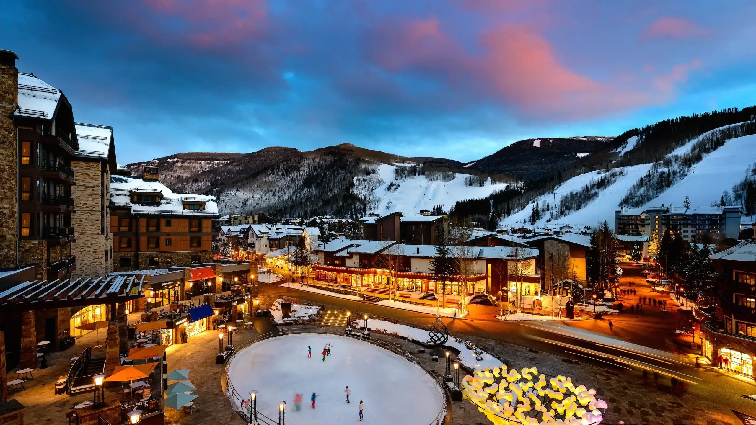 Vail Square ice rink and ski village. Private luxury shuttle from Denver to Vail by Mr. Chauffeur Colorado.
