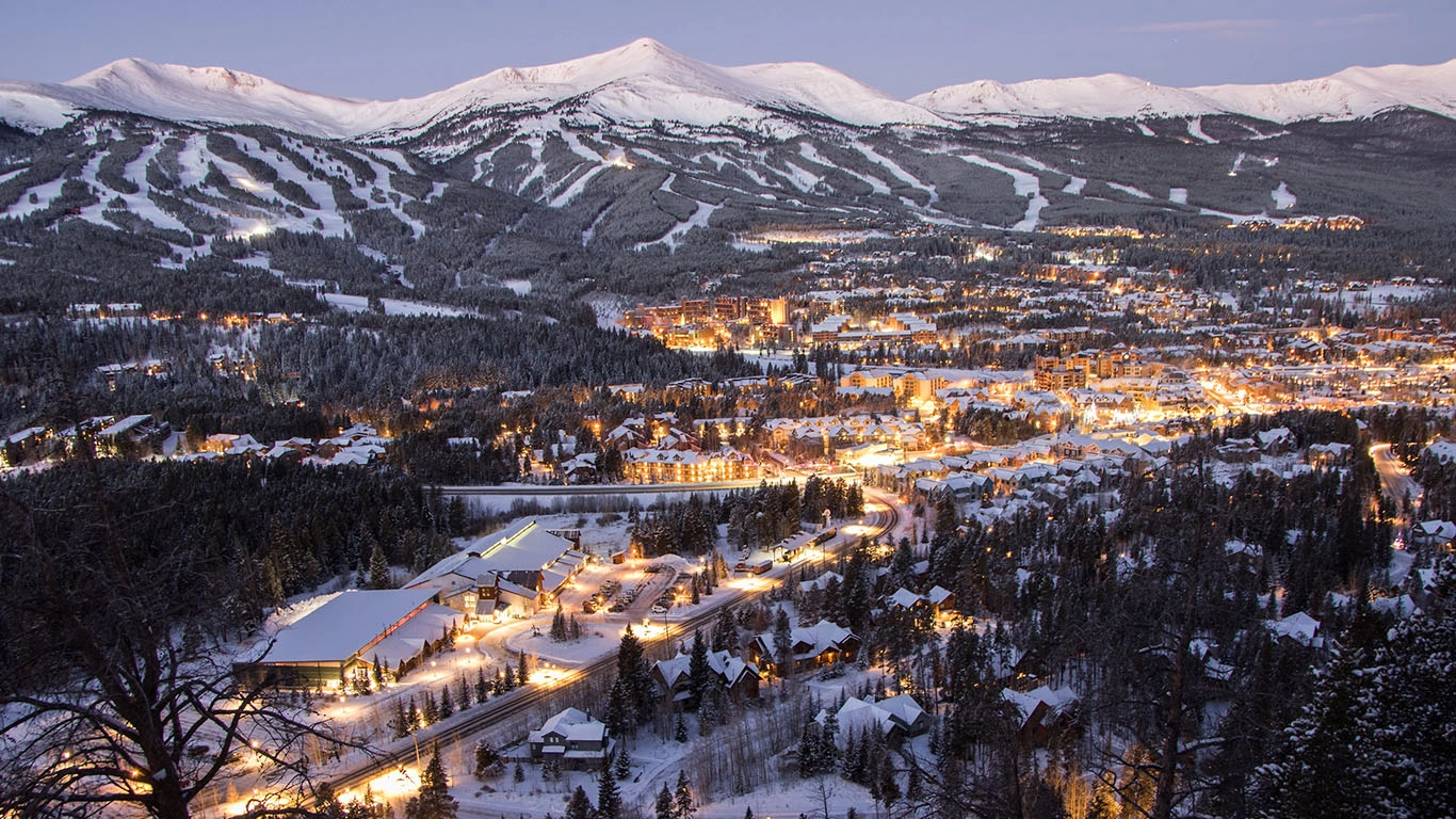 Panoramic night view of Breckenridge town and ski slopes. Private luxury shuttle to Breckenridge by Mr. Chauffeur Colorado.