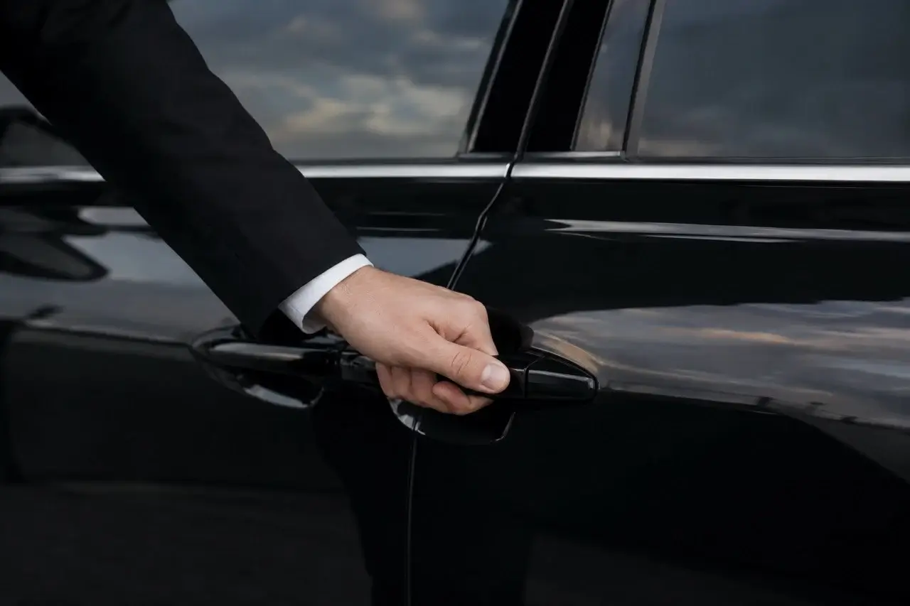 Professional opening the door of a modern black executive SUV