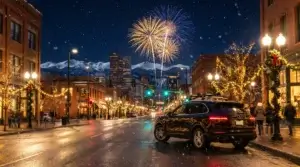 Denver skyline at night with New Year's Eve fireworks over the mountains and a private car waiting on the street