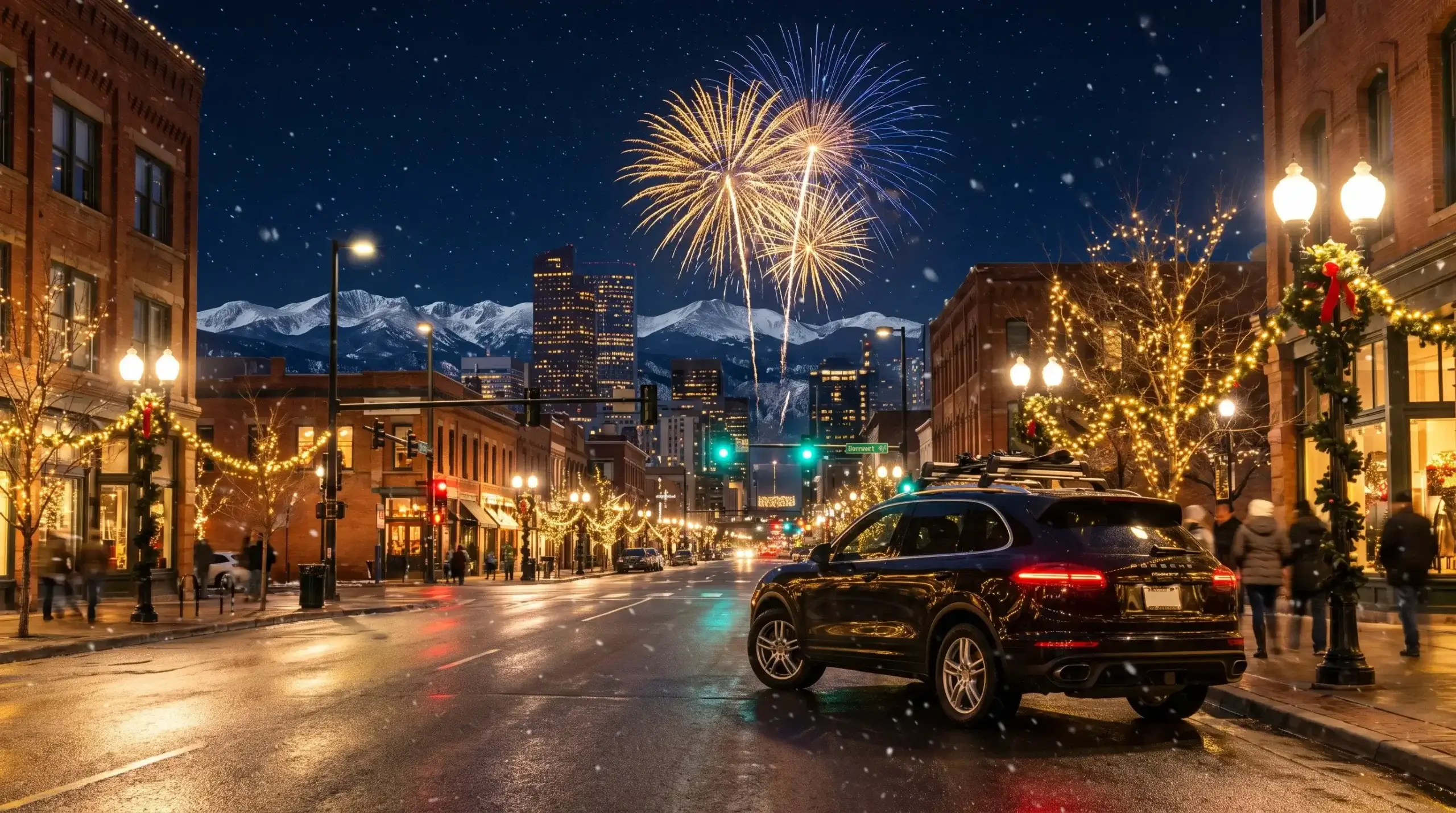 Denver skyline at night with New Year's Eve fireworks over the mountains and a private car waiting on the street